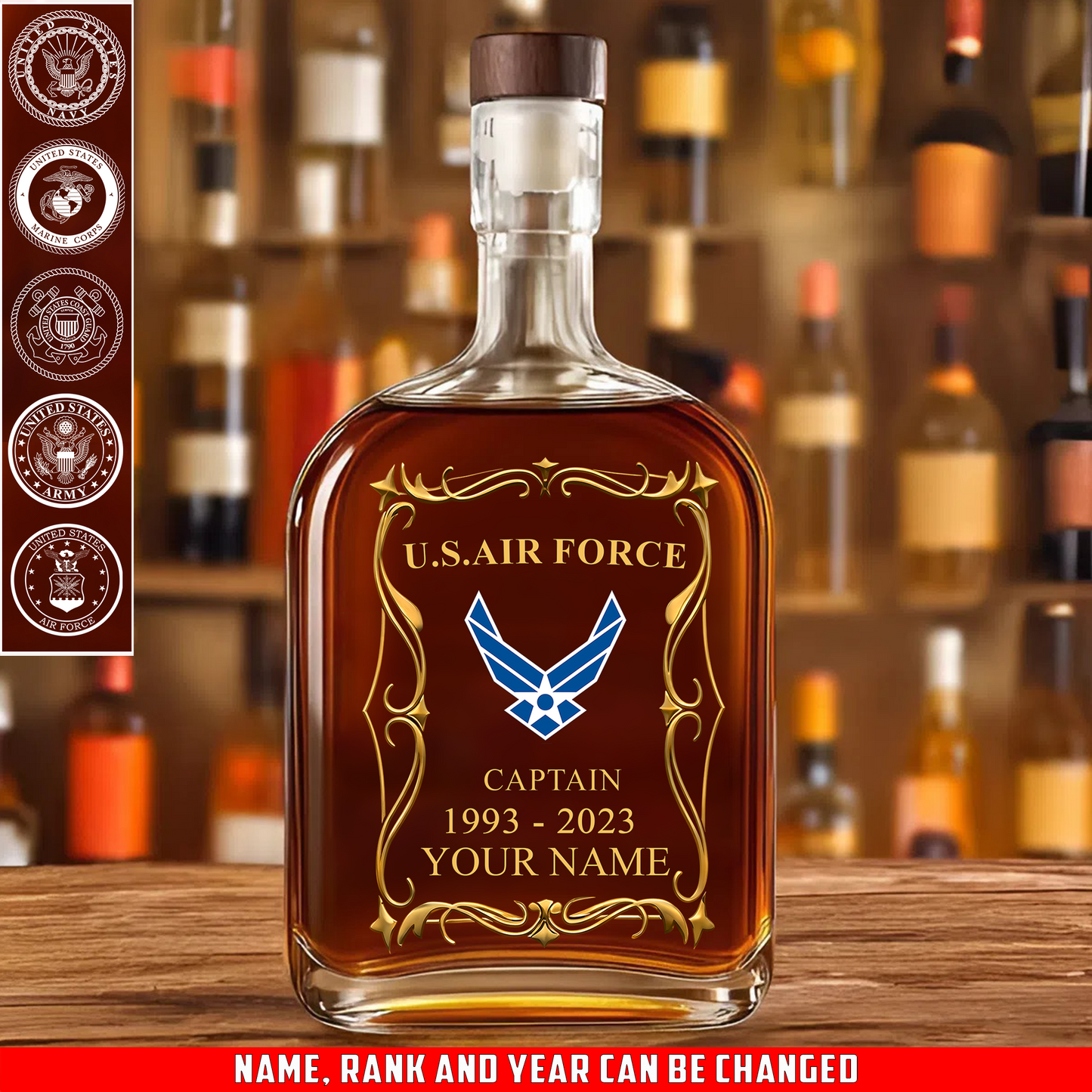 Air Force Command- Personalized US Soldier/ Veteran With Rank, Name And Year Whiskey Bottle Glass - 17754084