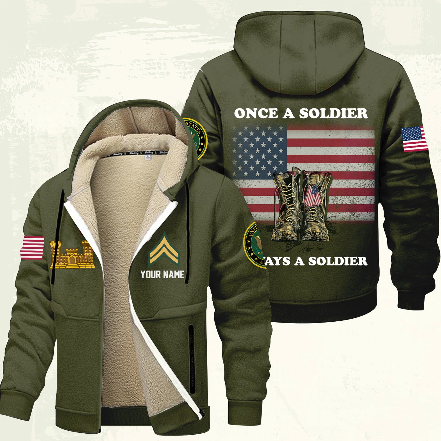 Army Branch - Personalized US Soldier/ Veteran With Name And Rank Hoodie Zip Velvet Coat - 17362944