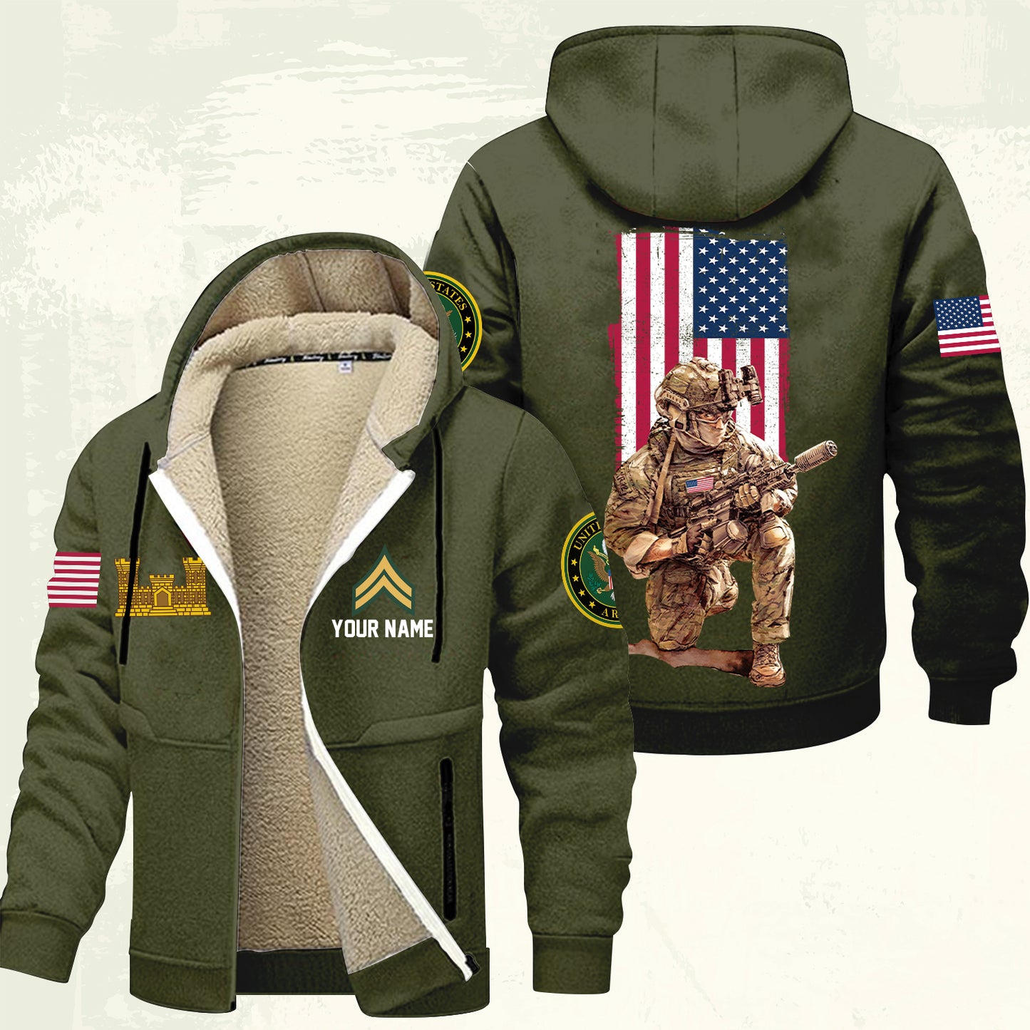 Army Branch - Personalized US Soldier/ Veteran With Name And Rank Hoodie Zip Velvet Coat - 17363808