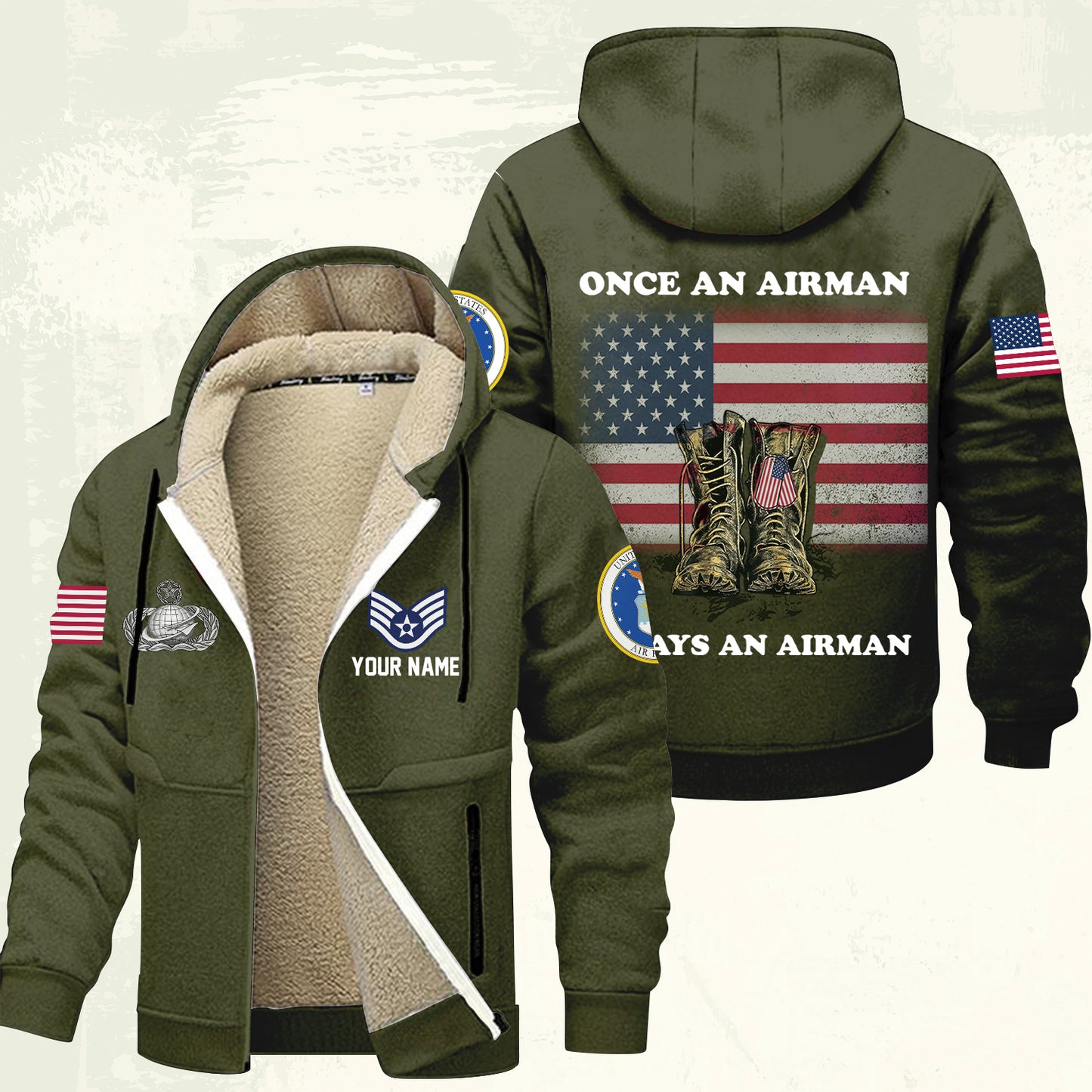 Air Force Badge - Personalized US Soldier/ Veteran With Name And Rank Hoodie Zip Velvet Coat - 17362944