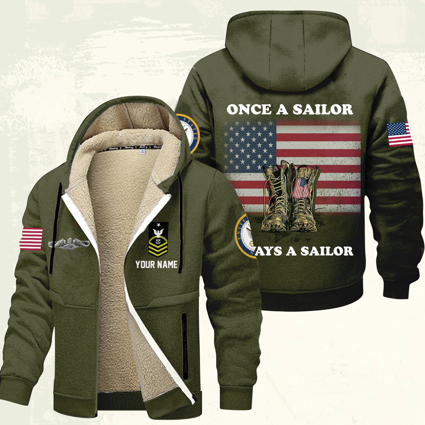 Navy Badge - Personalized US Soldier/ Veteran With Name And Rank Hoodie Zip Velvet Coat - 17362944