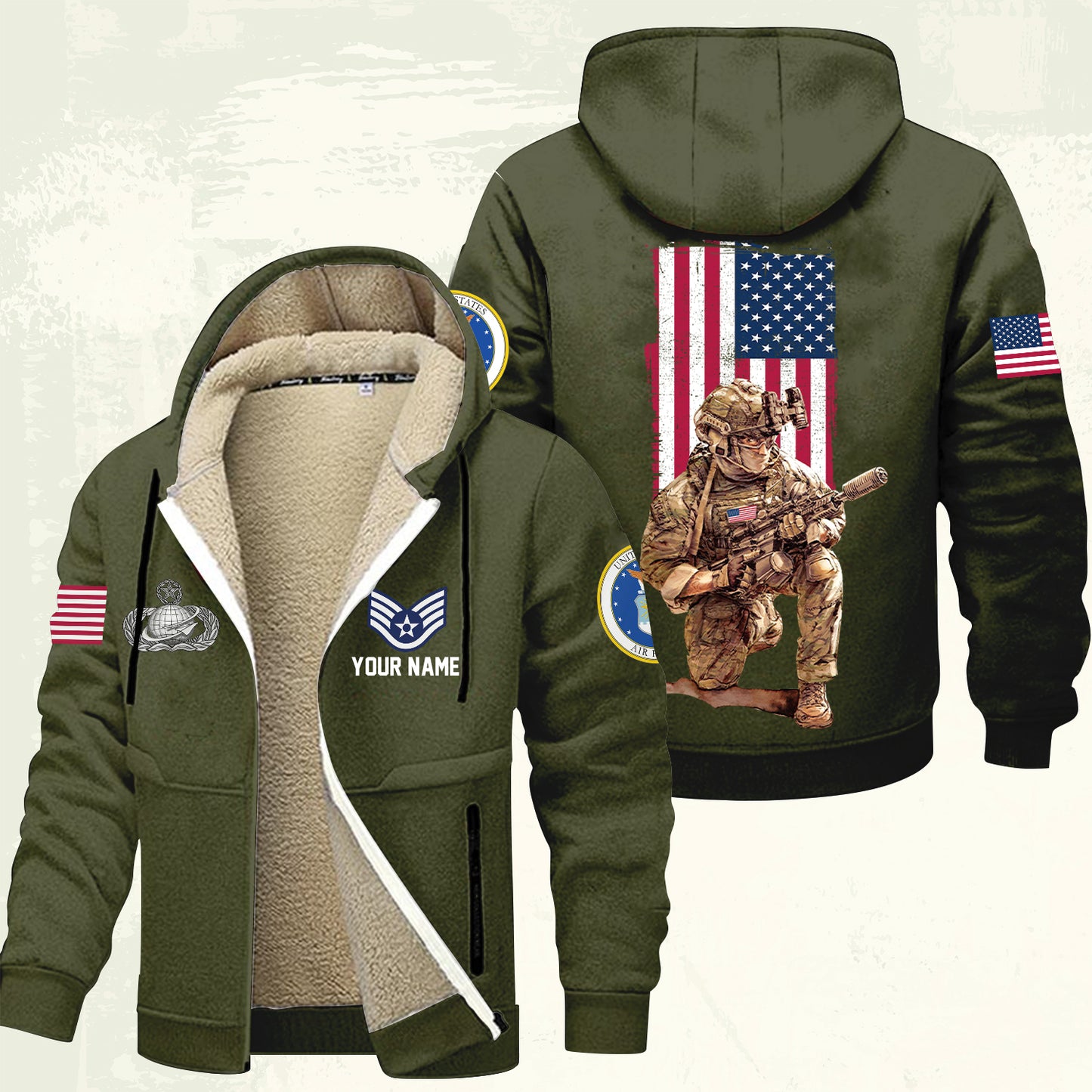 Air Force Badge - Personalized US Soldier/ Veteran With Name And Rank Hoodie Zip Velvet Coat - 17363808