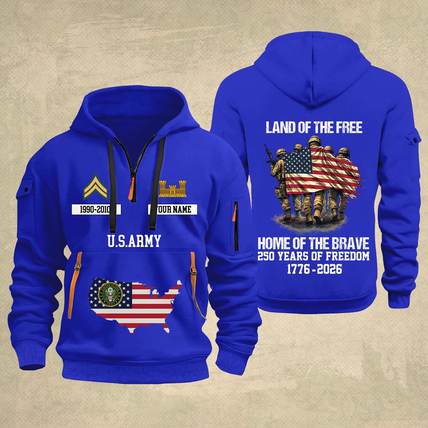 Army Branch - Land Of The Free Home Of The Brave – Personalized Zip Hoodie Multicolor, Custom Rank Unit Military Branch Zip Hoodie Multicolor, 250th USA, 4th of July - 17700768