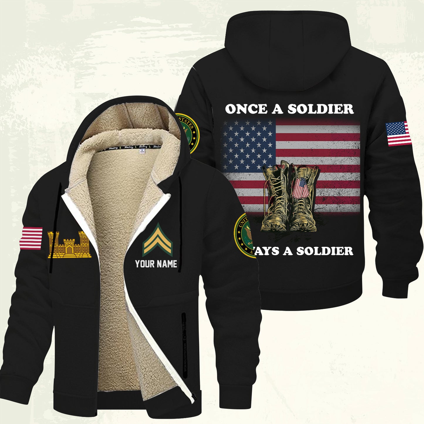 Army Branch - Personalized US Soldier/ Veteran With Name And Rank Hoodie Zip Velvet Coat - 17362944