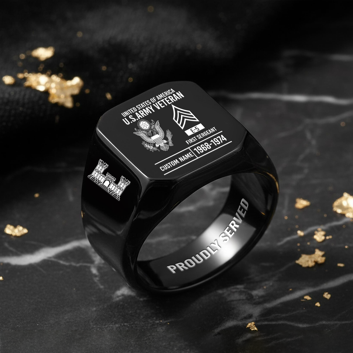 Army Branch - Personalized US Soldier/Veteran with Name and Rank Engraved Men’s Ring - 17756928