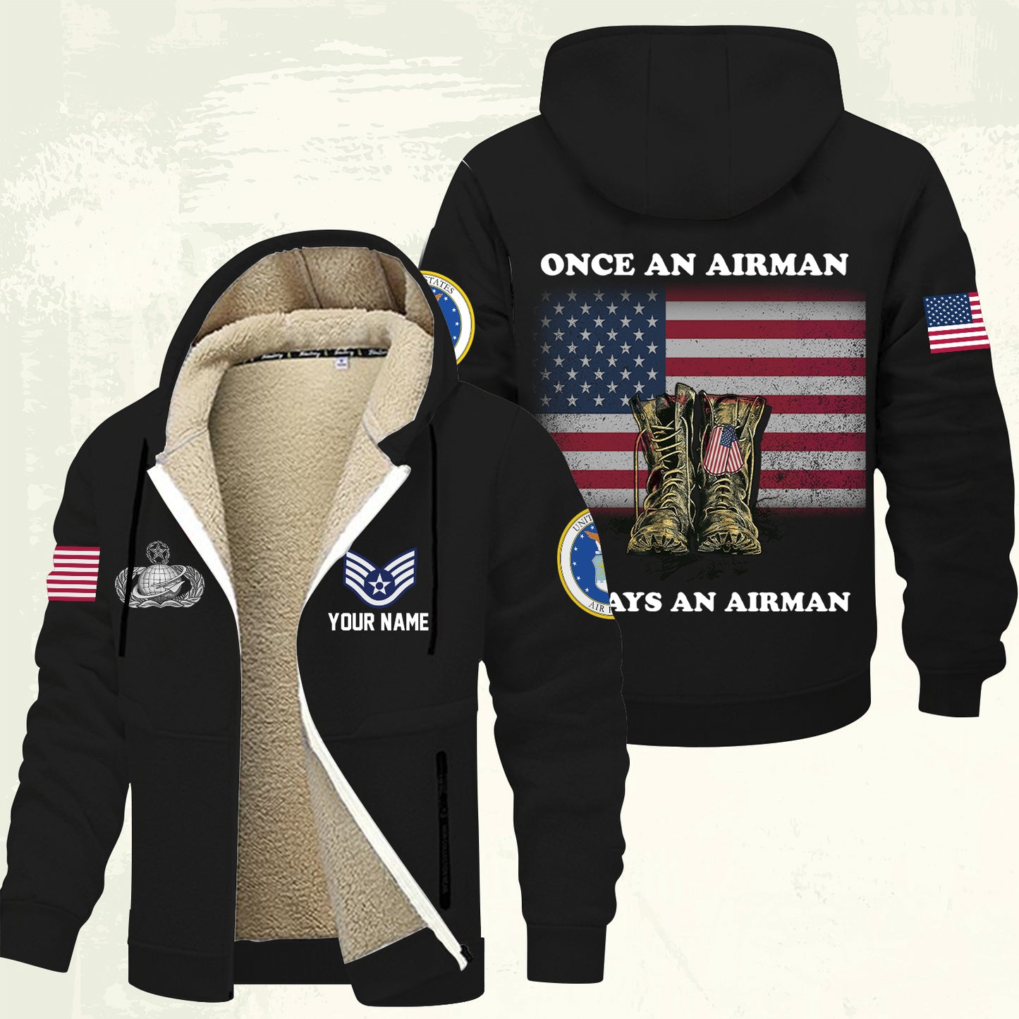 Air Force Badge - Personalized US Soldier/ Veteran With Name And Rank Hoodie Zip Velvet Coat - 17362944