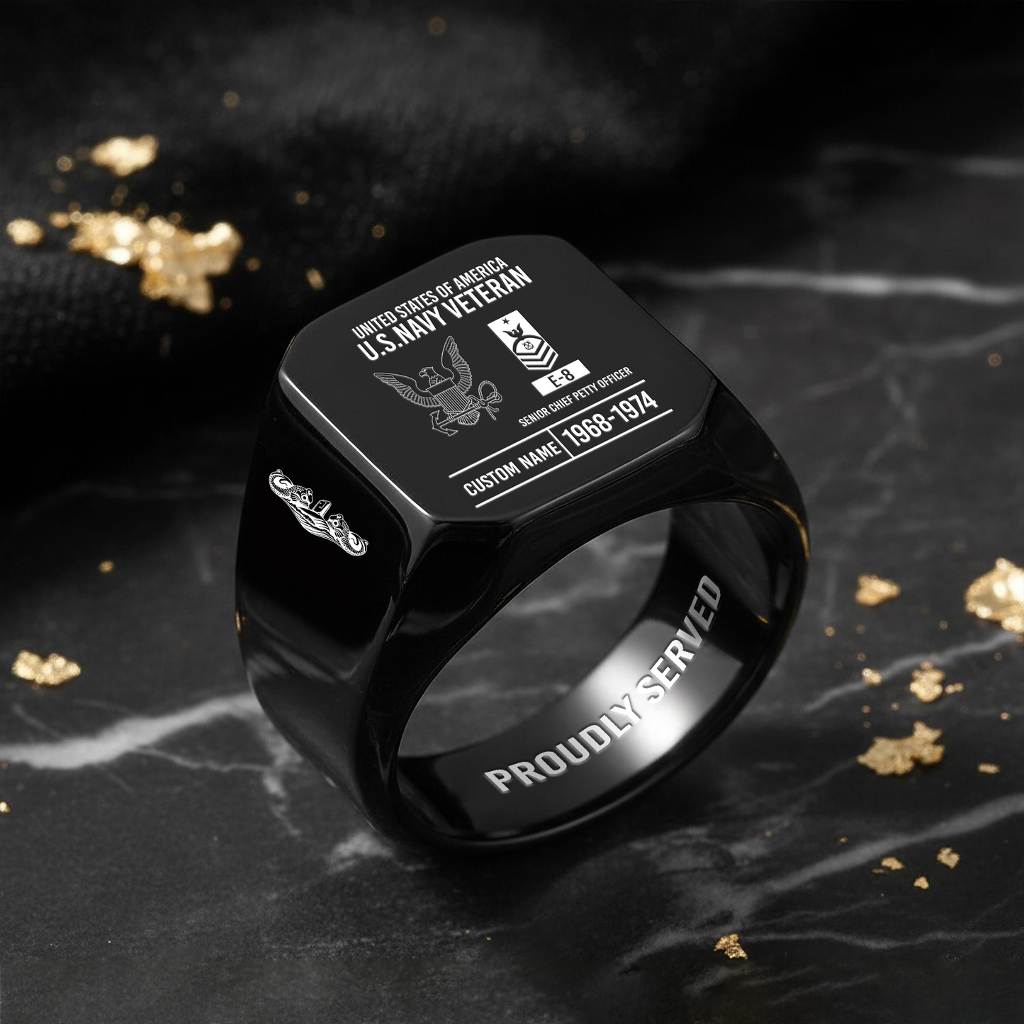 Navy Badge - Personalized US Soldier/Veteran with Name and Rank Engraved Men’s Ring - 17756928