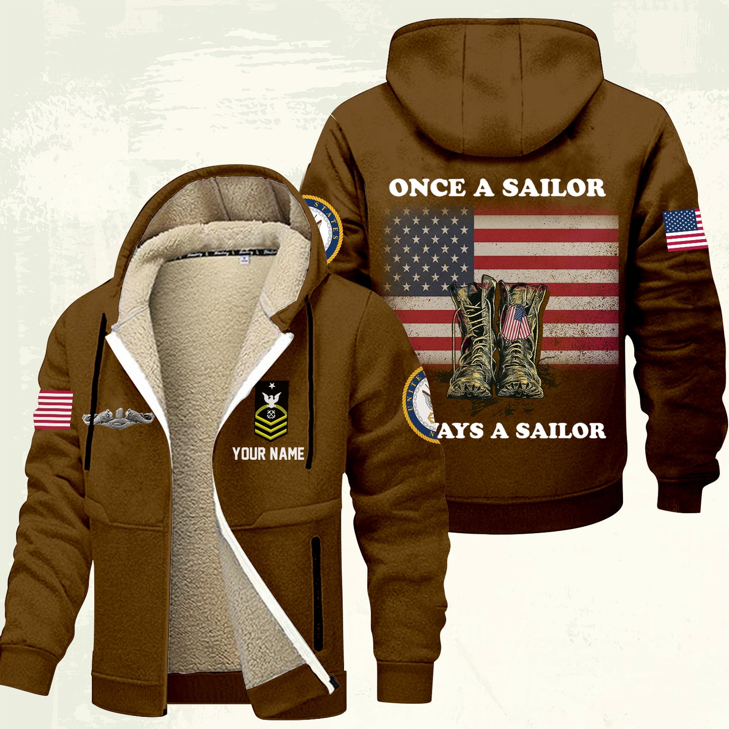 Navy Badge - Personalized US Soldier/ Veteran With Name And Rank Hoodie Zip Velvet Coat - 17362944