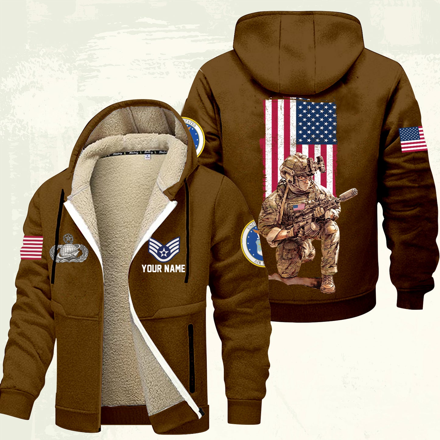 Air Force Badge - Personalized US Soldier/ Veteran With Name And Rank Hoodie Zip Velvet Coat - 17363808