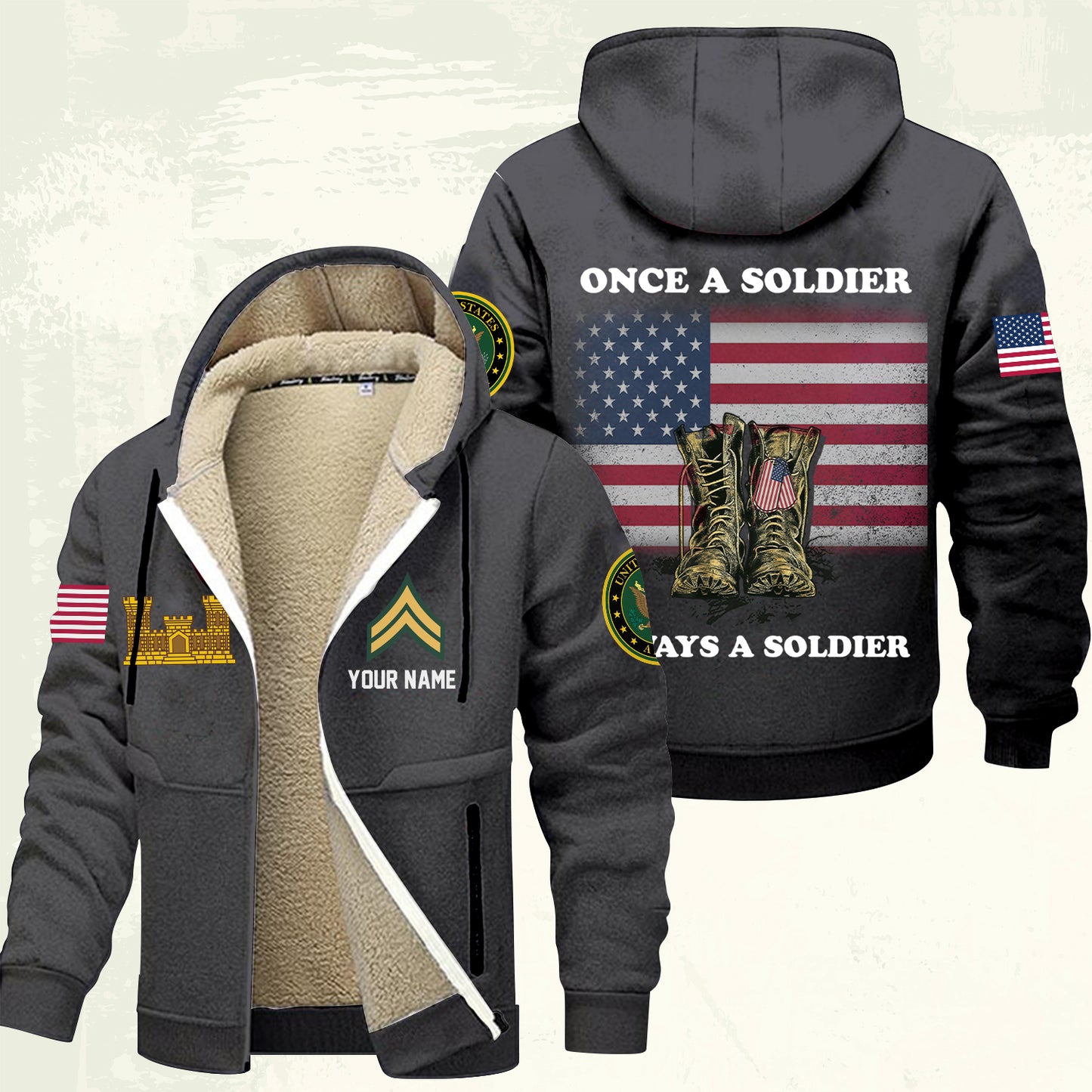 Army Branch - Personalized US Soldier/ Veteran With Name And Rank Hoodie Zip Velvet Coat - 17362944