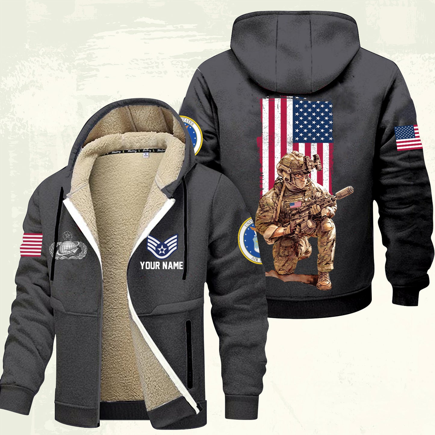 Air Force Badge - Personalized US Soldier/ Veteran With Name And Rank Hoodie Zip Velvet Coat - 17363808
