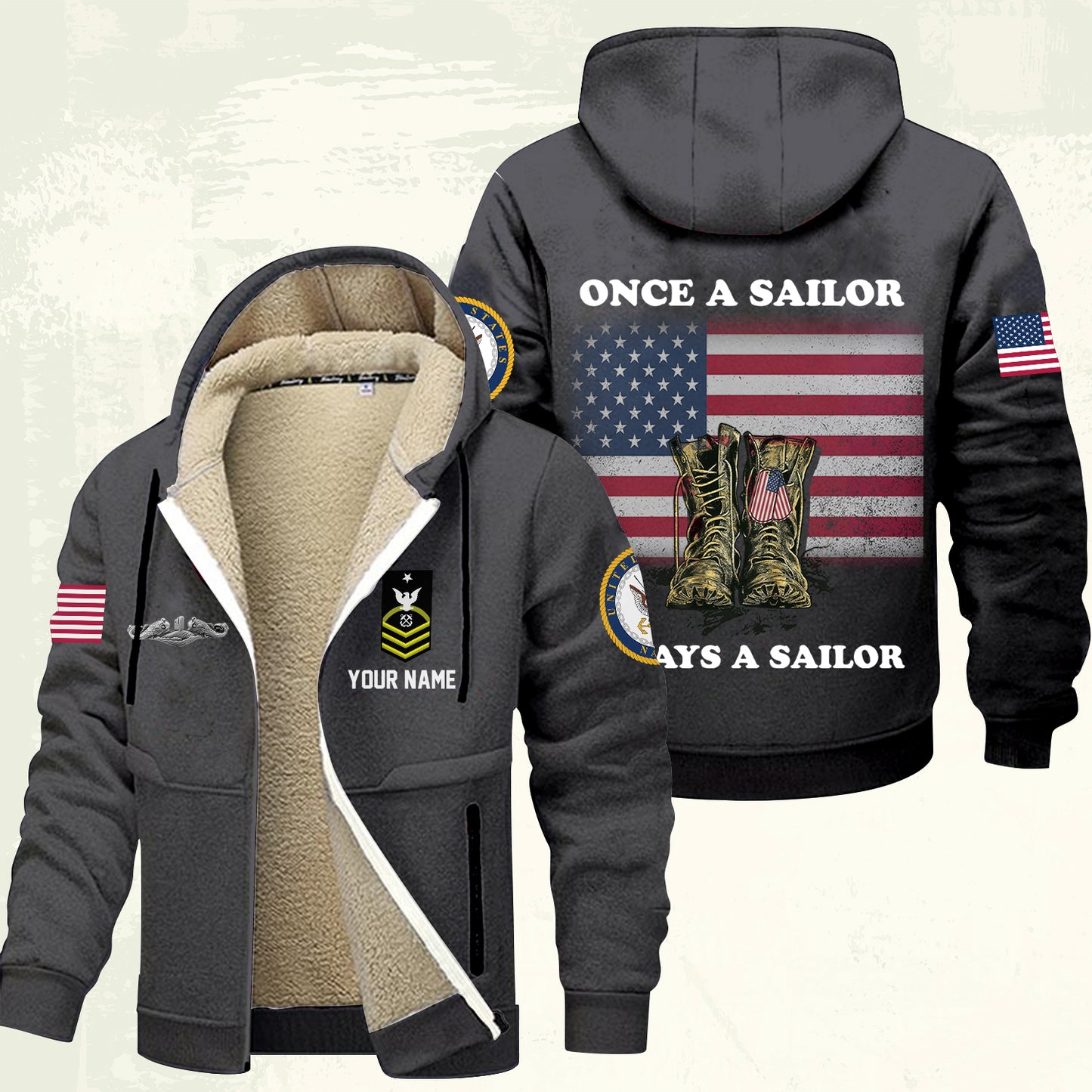 Navy Badge - Personalized US Soldier/ Veteran With Name And Rank Hoodie Zip Velvet Coat - 17362944
