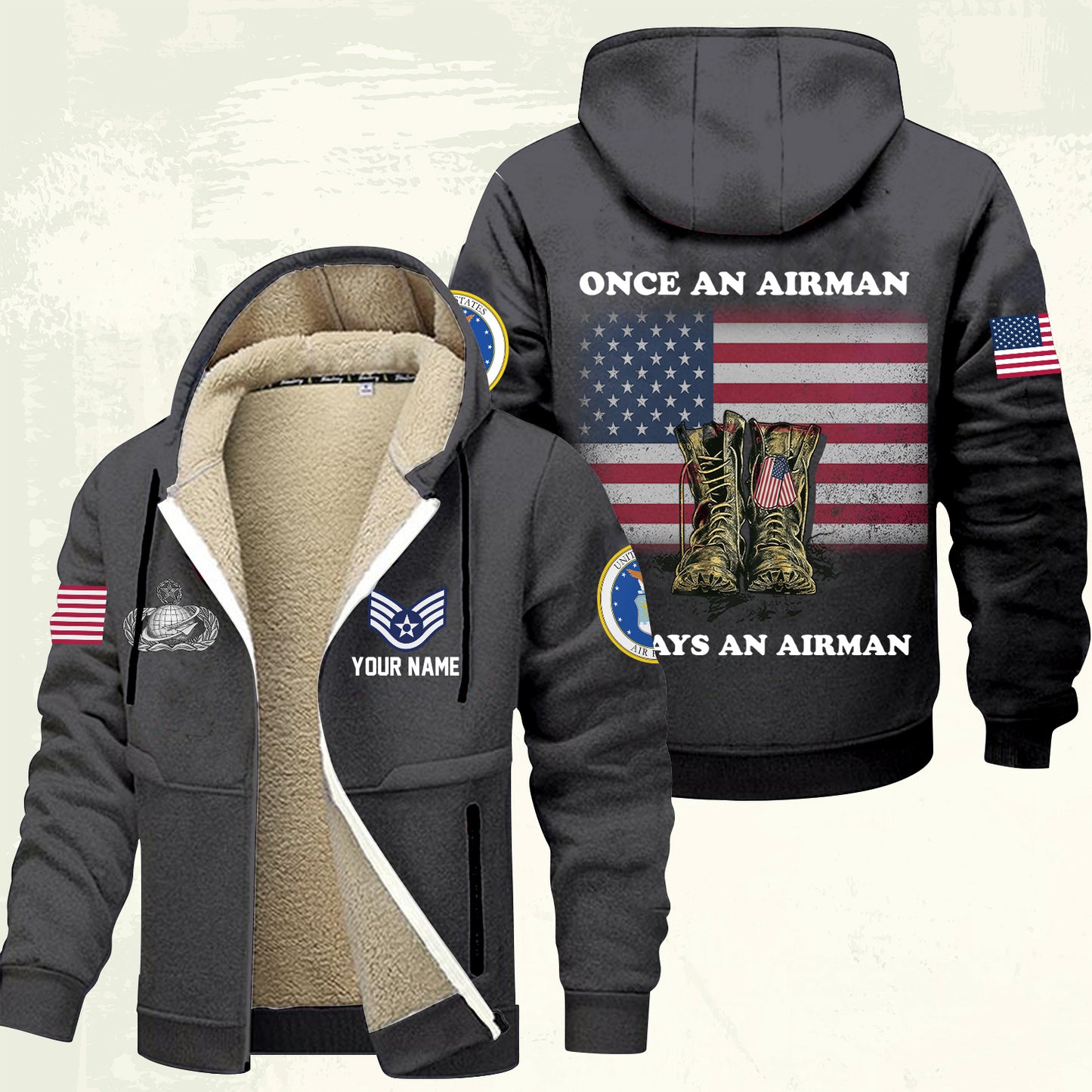 Air Force Badge - Personalized US Soldier/ Veteran With Name And Rank Hoodie Zip Velvet Coat - 17362944