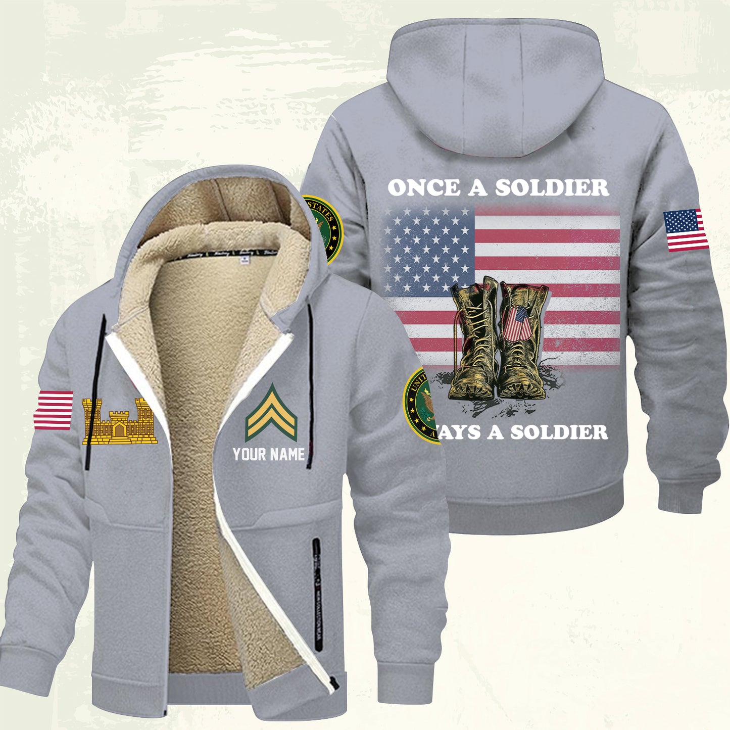 Army Branch - Personalized US Soldier/ Veteran With Name And Rank Hoodie Zip Velvet Coat - 17362944