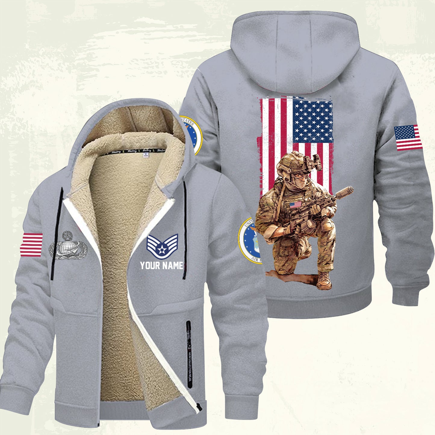 Air Force Badge - Personalized US Soldier/ Veteran With Name And Rank Hoodie Zip Velvet Coat - 17363808