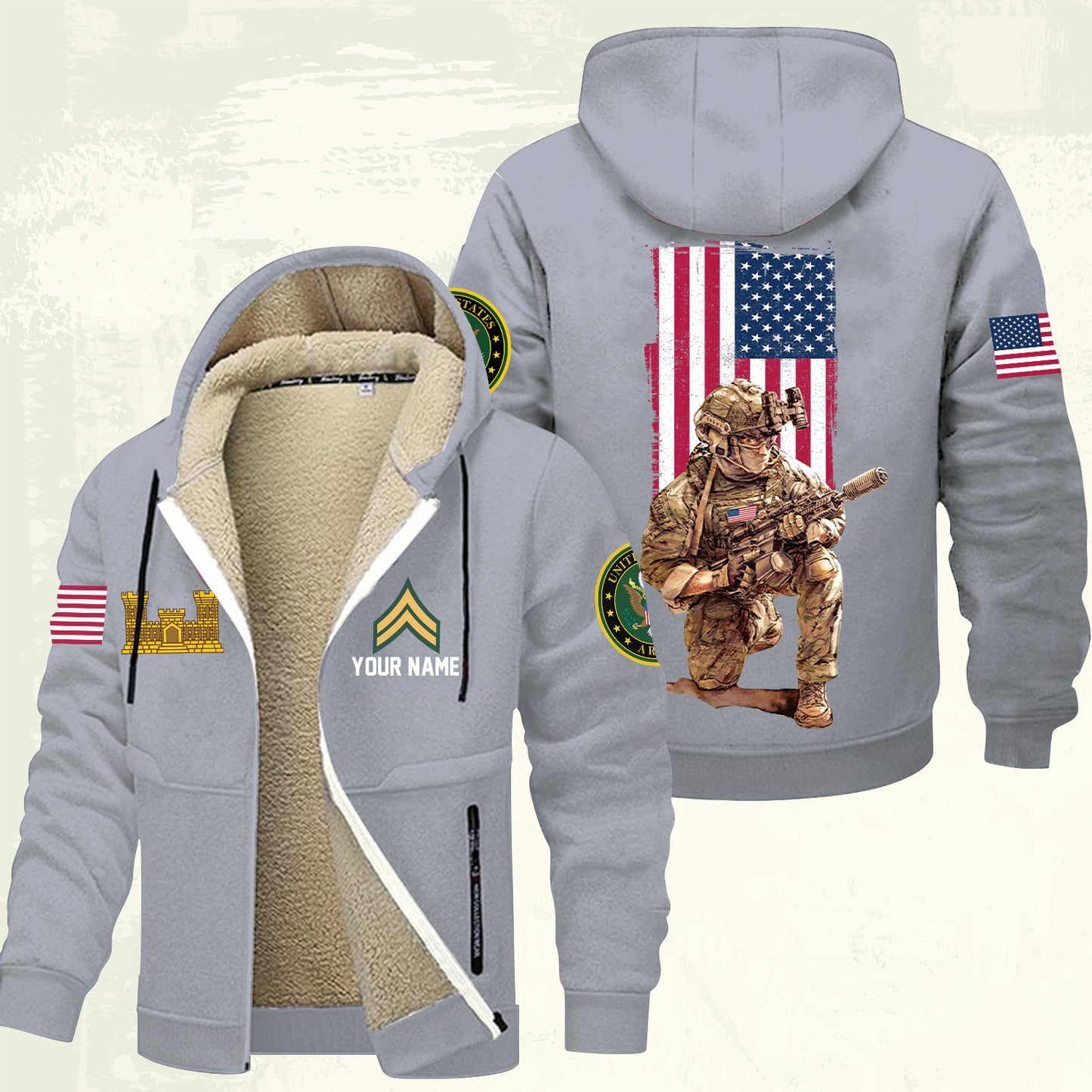 Army Branch - Personalized US Soldier/ Veteran With Name And Rank Hoodie Zip Velvet Coat - 17363808