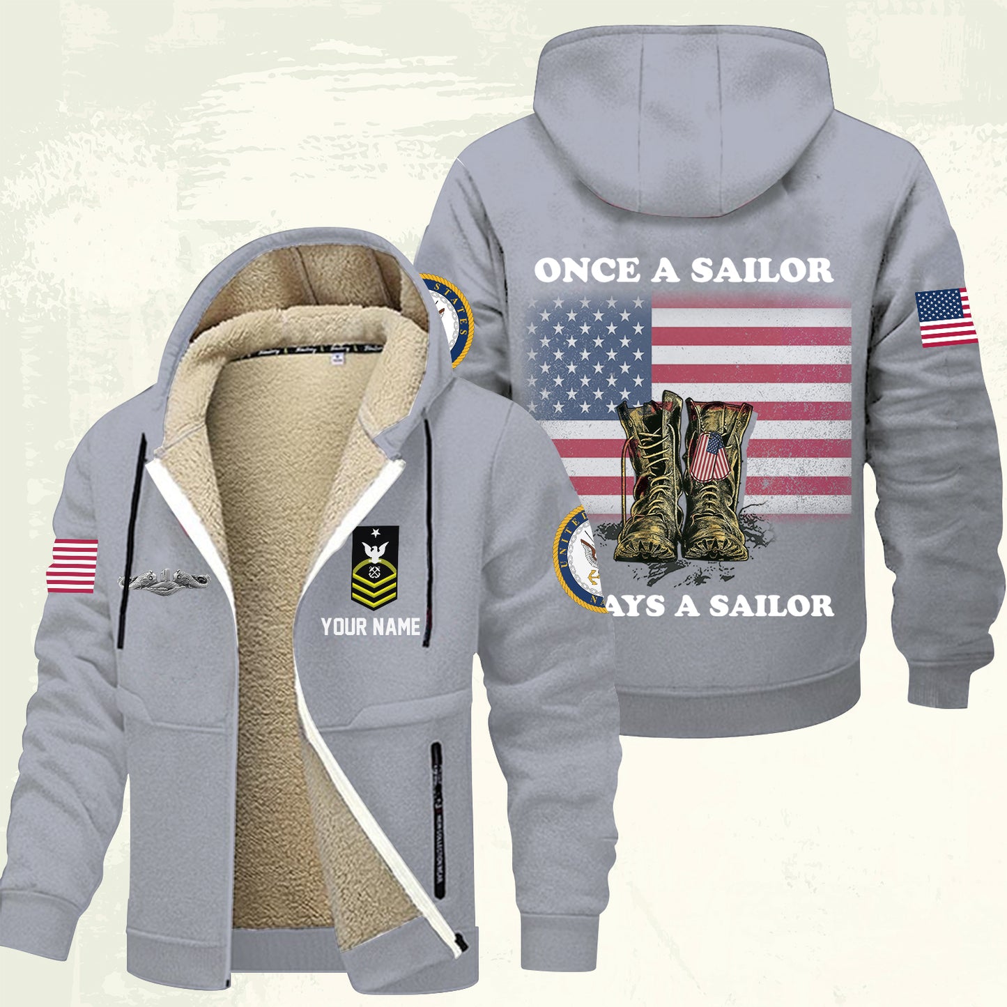 Navy Badge - Personalized US Soldier/ Veteran With Name And Rank Hoodie Zip Velvet Coat - 17362944