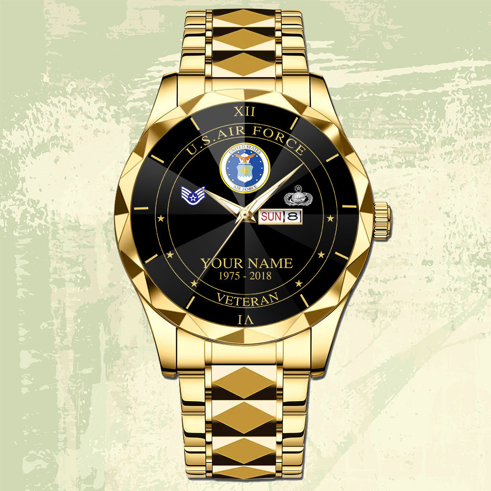 Air Force Badge - Personalized US Soldier/ Veteran Rank And Name Gentleman Crystal Metal Watch - 17448480