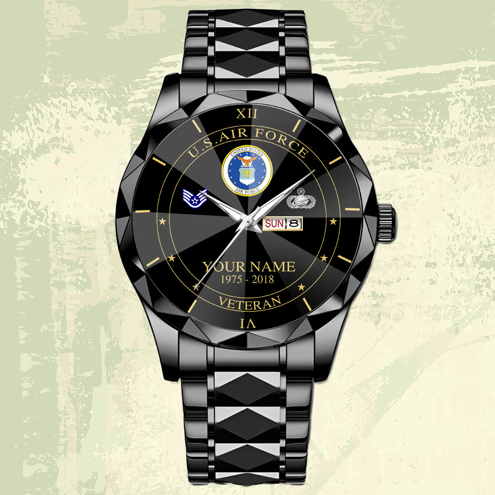 Air Force Badge - Personalized US Soldier/ Veteran Rank And Name Gentleman Crystal Metal Watch - 17448480