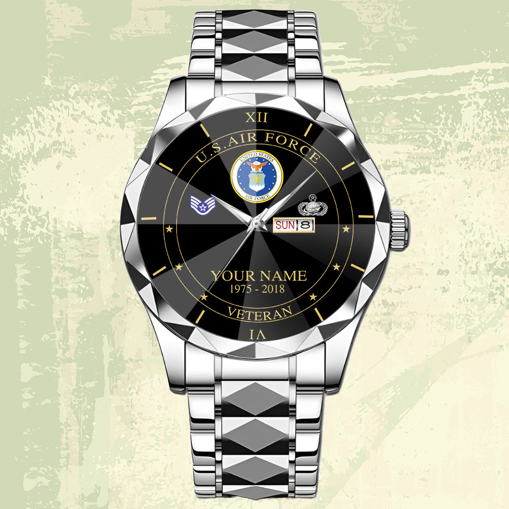 Air Force Badge - Personalized US Soldier/ Veteran Rank And Name Gentleman Crystal Metal Watch - 17448480