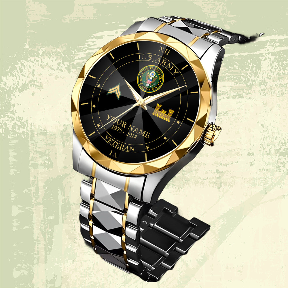 Army Branch - Personalized US Soldier/ Veteran Rank And Name Gentleman Crystal Metal Watch - 17448480