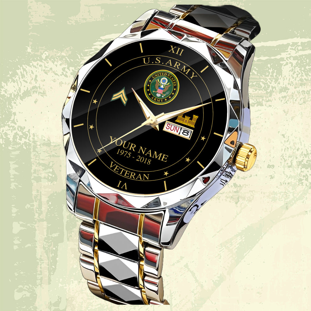 Army Branch - Personalized US Soldier/ Veteran Rank And Name Gentleman Crystal Metal Watch - 17448480