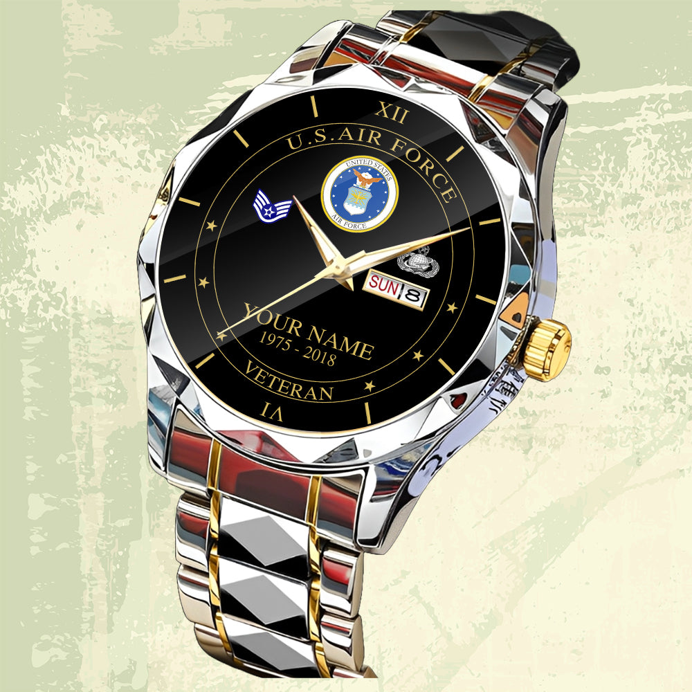 Air Force Badge - Personalized US Soldier/ Veteran Rank And Name Gentleman Crystal Metal Watch - 17448480