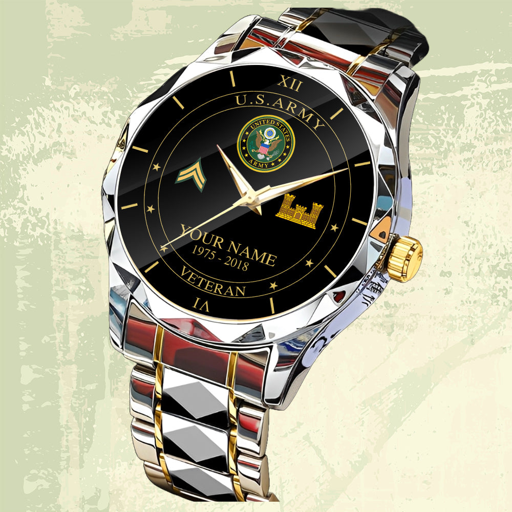 Army Branch - Personalized US Soldier/ Veteran Rank And Name Gentleman Crystal Metal Watch - 17448480