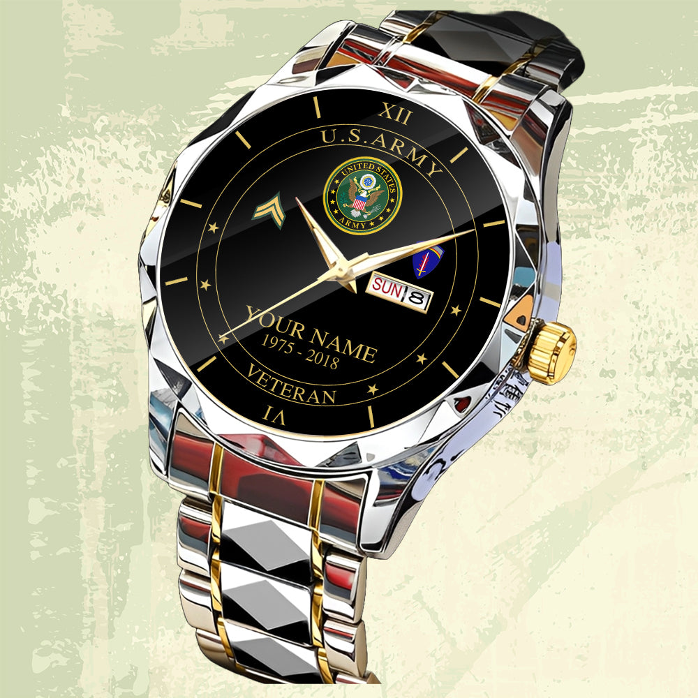 Army Division - Personalized US Soldier/ Veteran Rank And Name Gentleman Crystal Metal Watch - 17448480