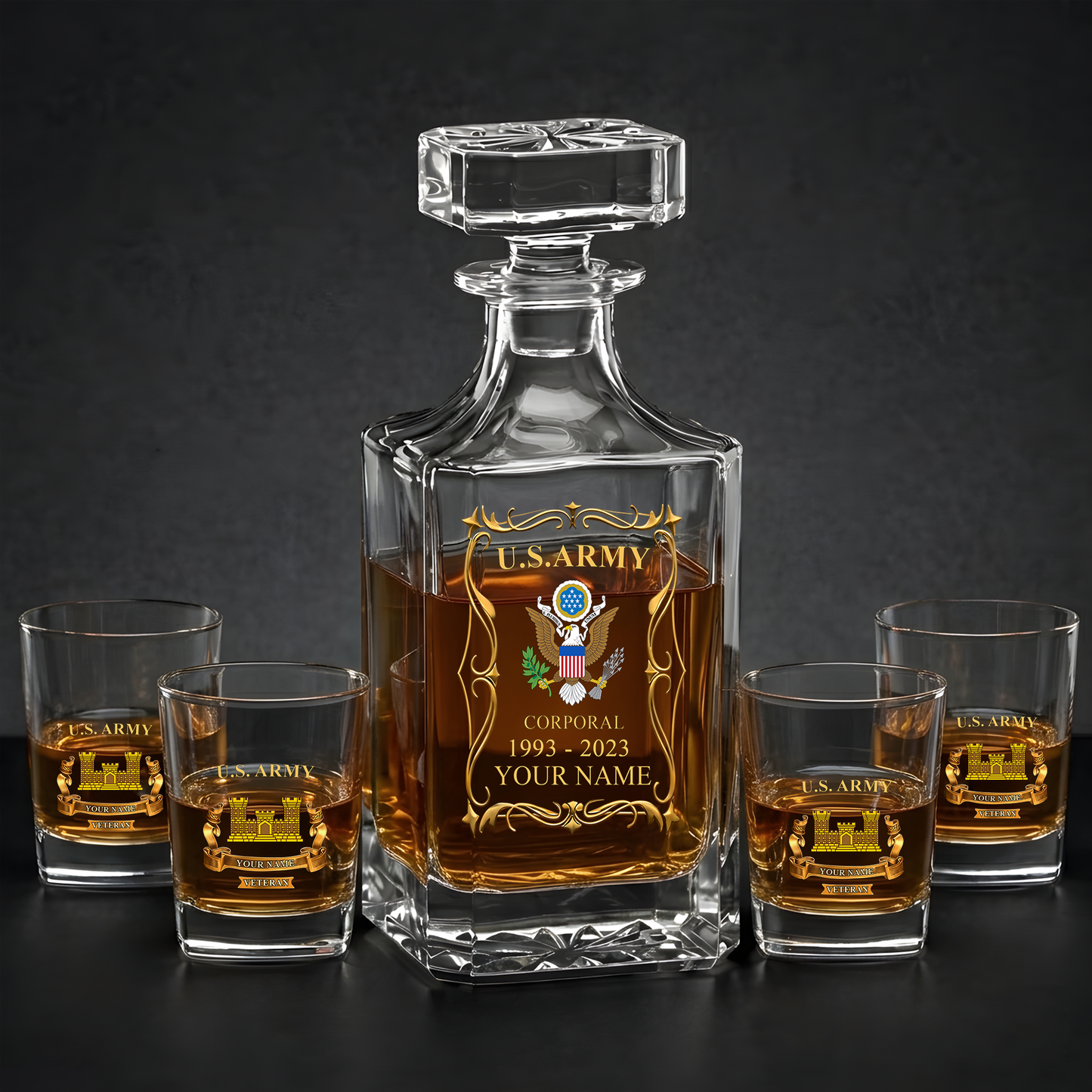 Army Branch - Personalized US Soldier/ Veteran Rank, Year And Name - Whiskey Decanter Set - 17754084