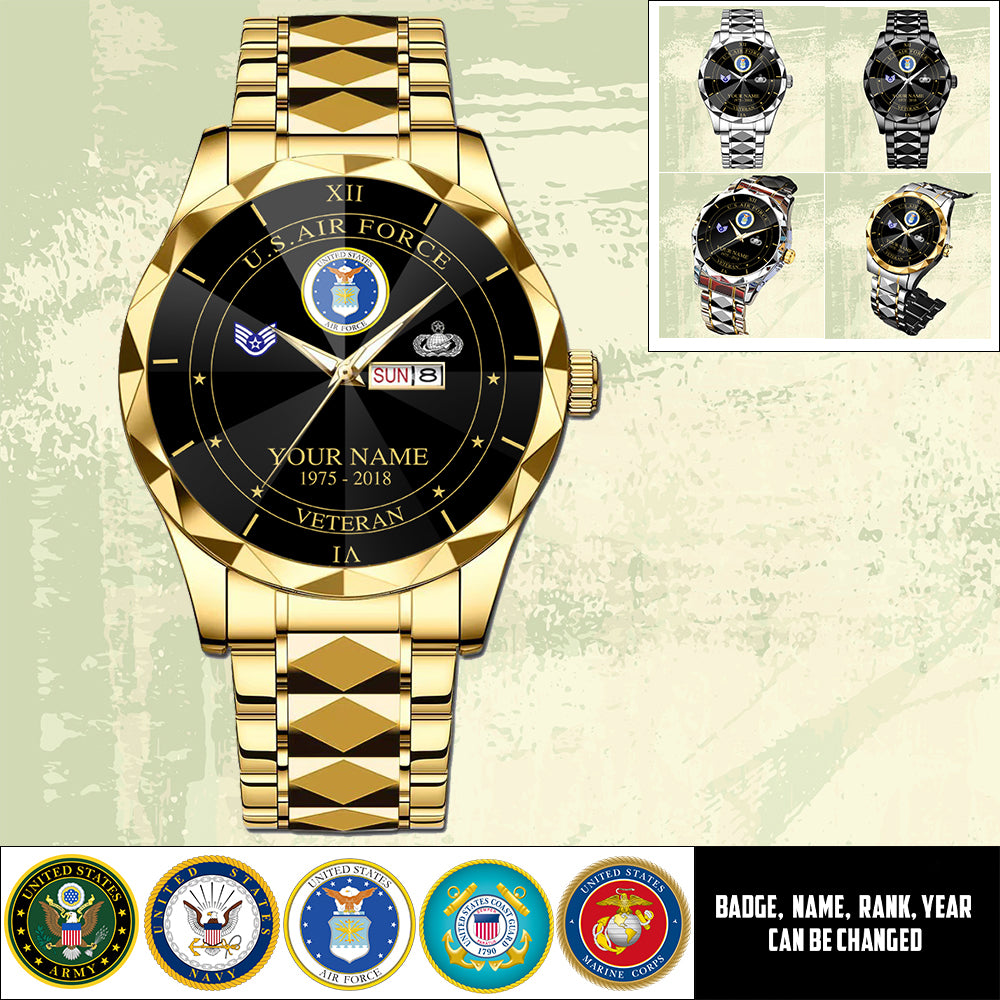 Air Force Badge - Personalized US Soldier/ Veteran Rank And Name Gentleman Crystal Metal Watch - 17448480