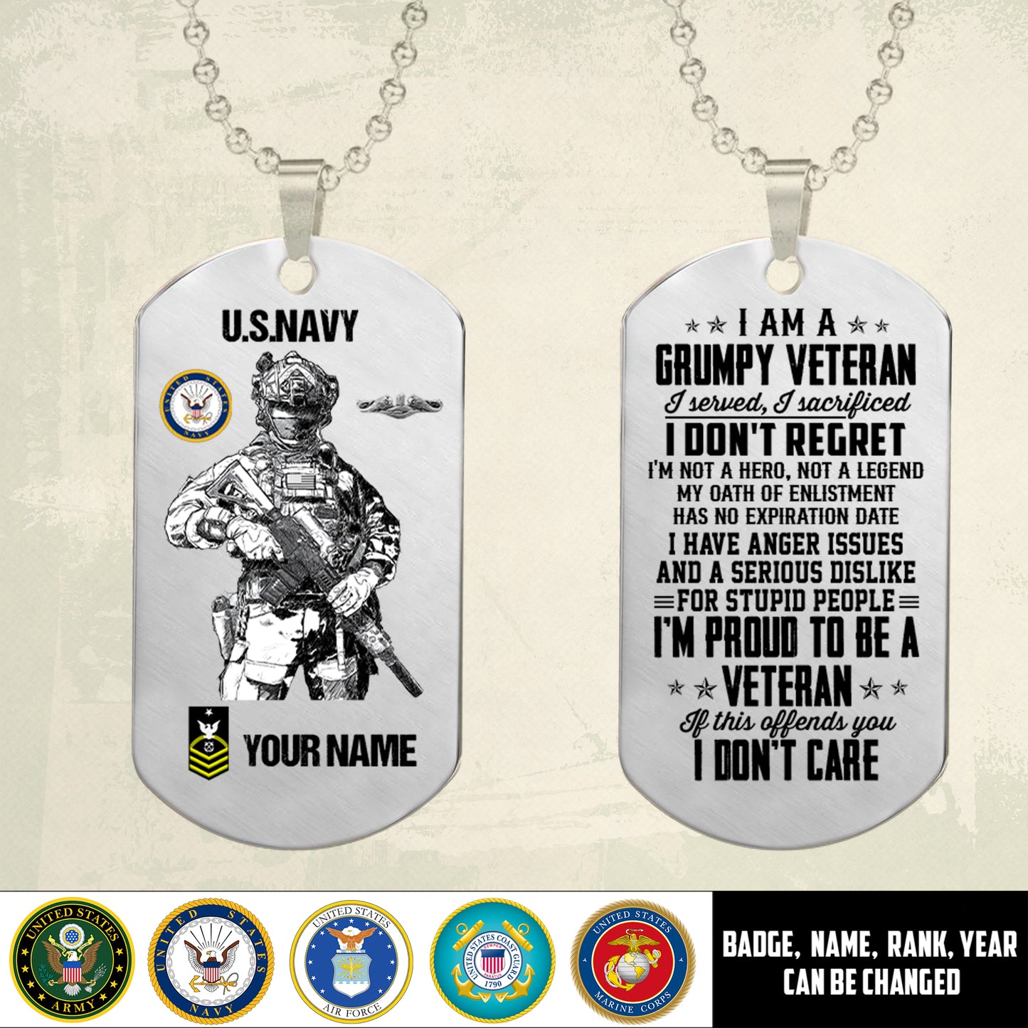 Navy Badge - Personalized US Soldier/ Veteran Dog Tag Necklace - 17489088