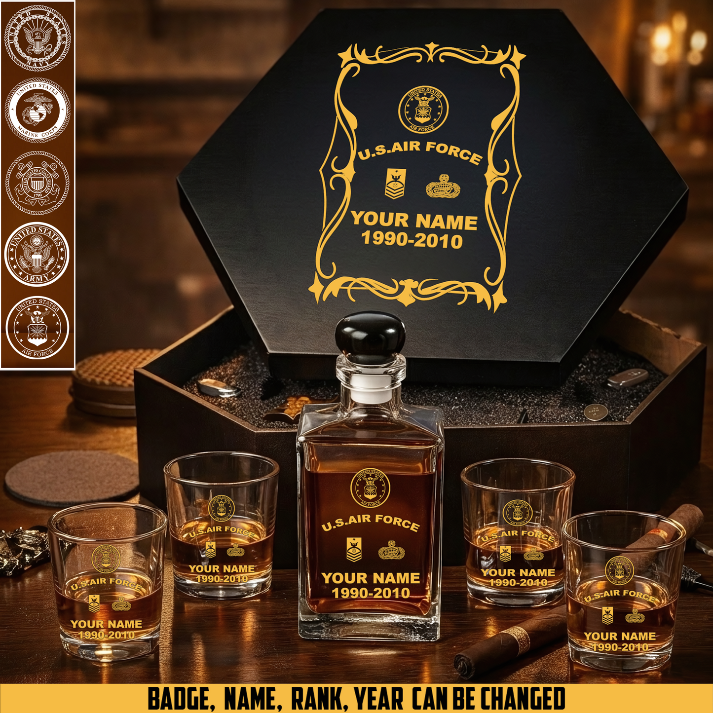Air Force Badge - Personalized US Soldier/ Veteran Premium Whiskey Decanter Set – Personalized Gift Box - 17750880