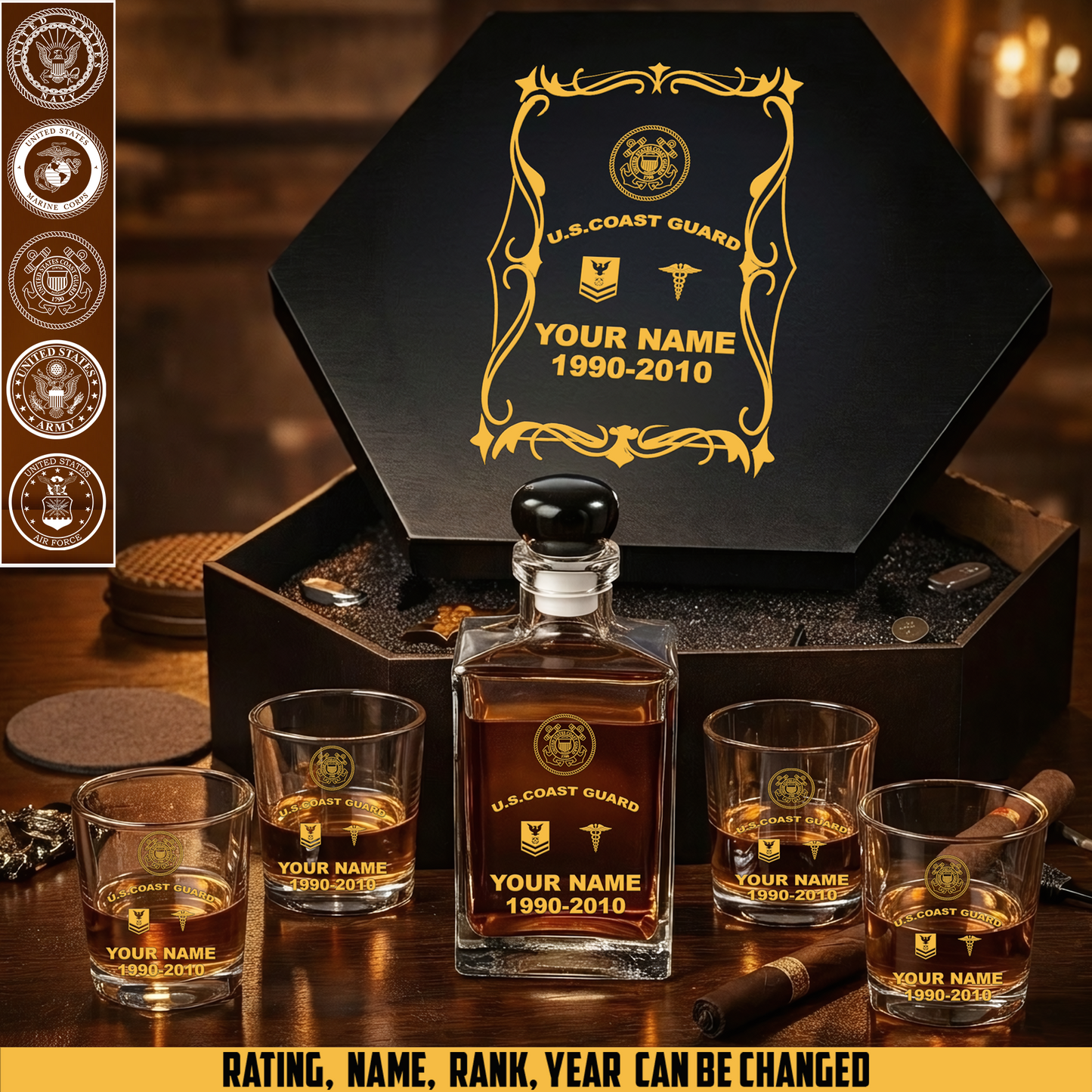 Coast Guard Rating - Personalized US Soldier/ Veteran Premium Whiskey Decanter Set – Personalized Gift Box - 17750880