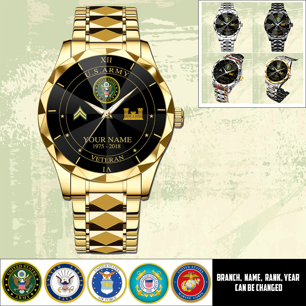 Army Branch - Personalized US Soldier/ Veteran Rank And Name Gentleman Crystal Metal Watch - 17448480