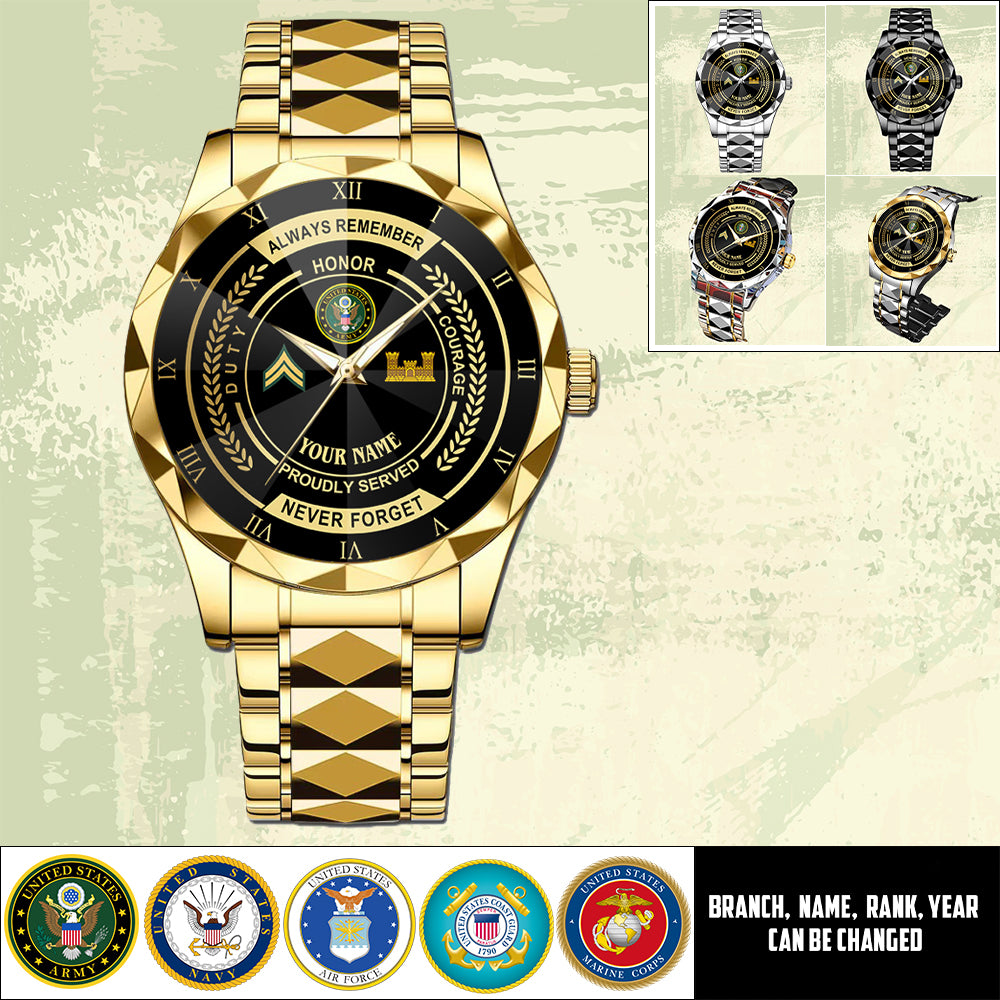 Army Branch - Personalized US Soldier/ Veteran Rank And Name Gentleman Crystal Metal Watch - 17447616