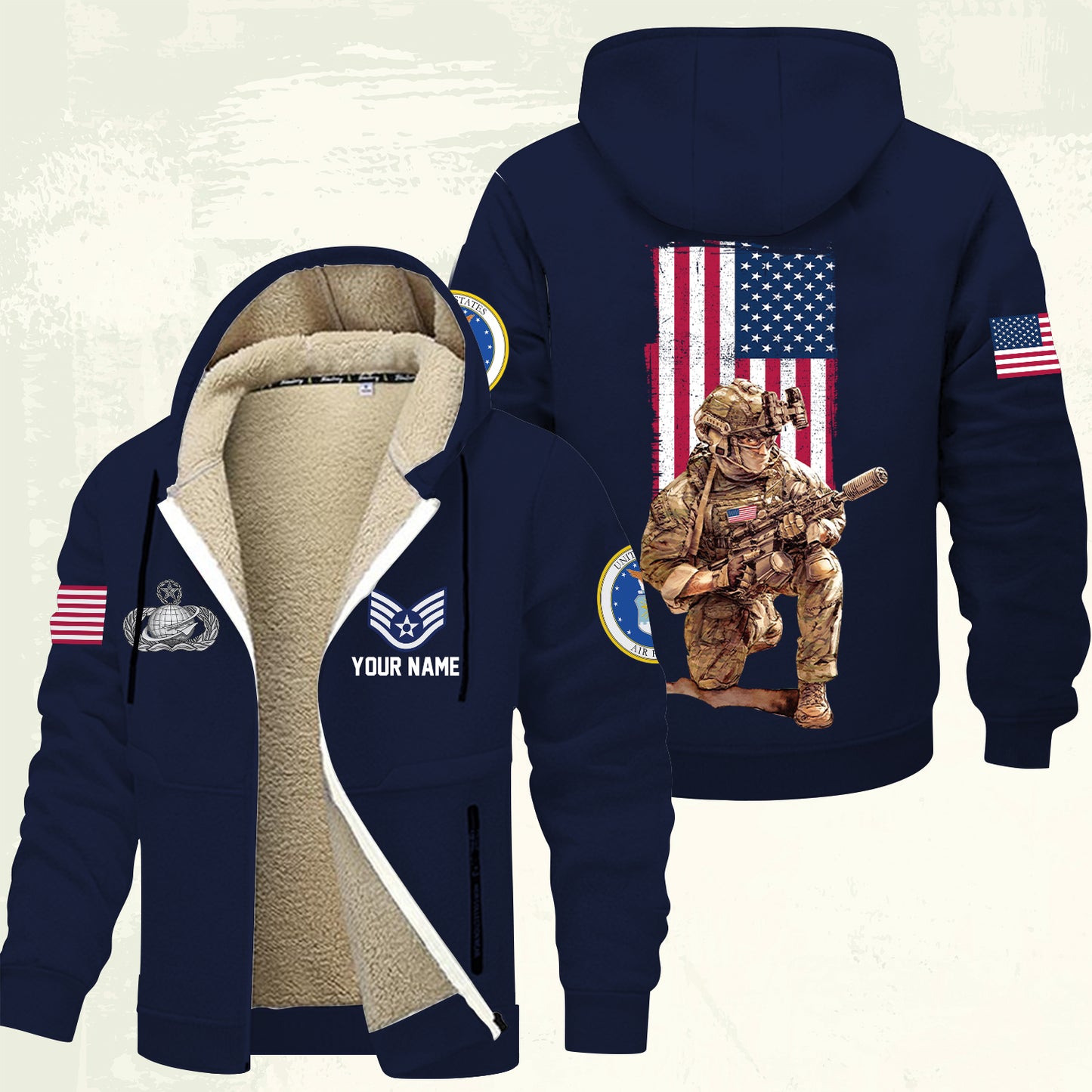 Air Force Badge - Personalized US Soldier/ Veteran With Name And Rank Hoodie Zip Velvet Coat - 17363808