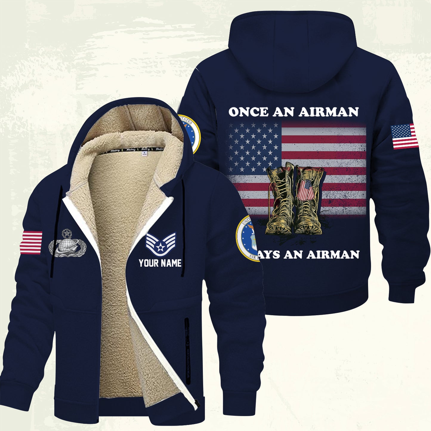 Air Force Badge - Personalized US Soldier/ Veteran With Name And Rank Hoodie Zip Velvet Coat - 17362944