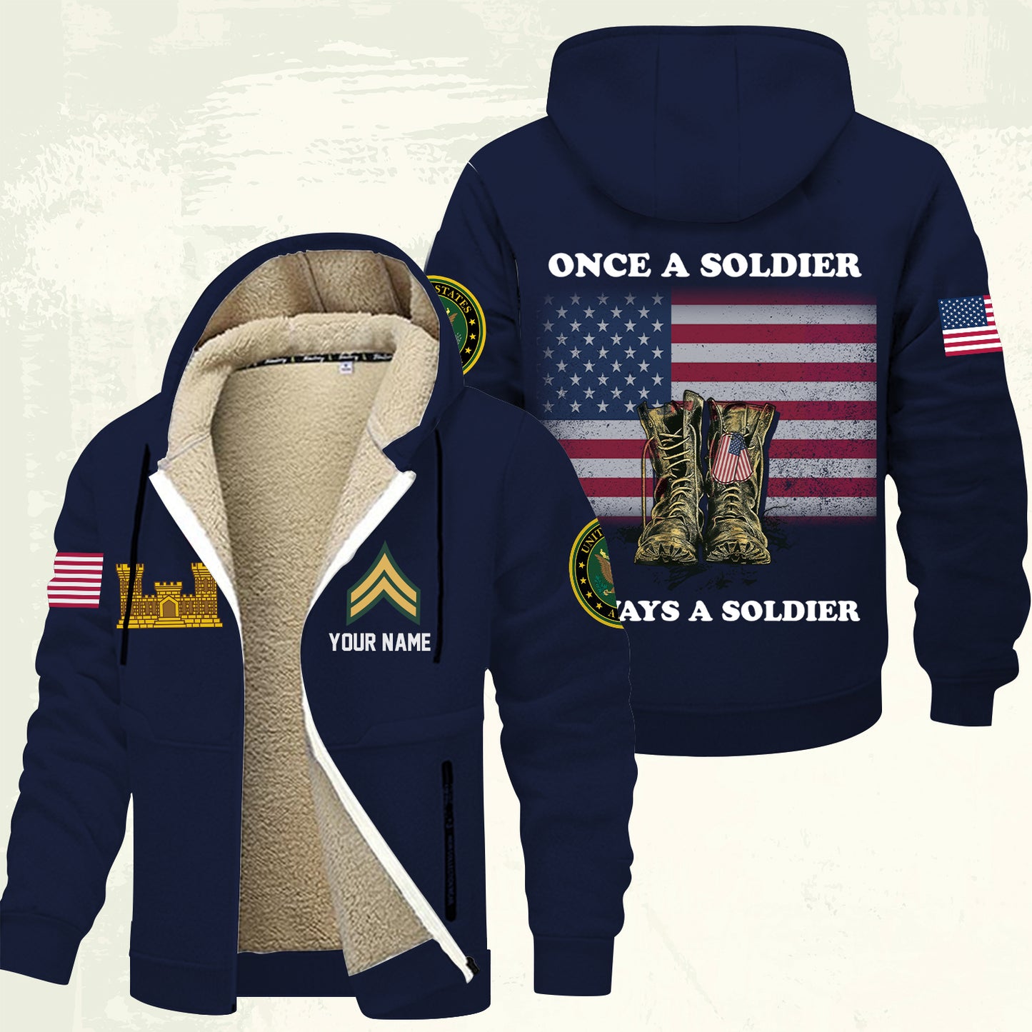 Army Branch - Personalized US Soldier/ Veteran With Name And Rank Hoodie Zip Velvet Coat - 17362944
