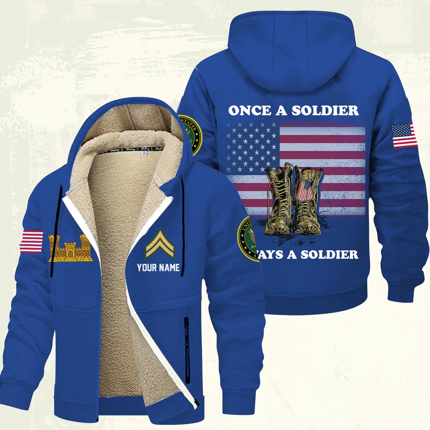 Army Branch - Personalized US Soldier/ Veteran With Name And Rank Hoodie Zip Velvet Coat - 17362944