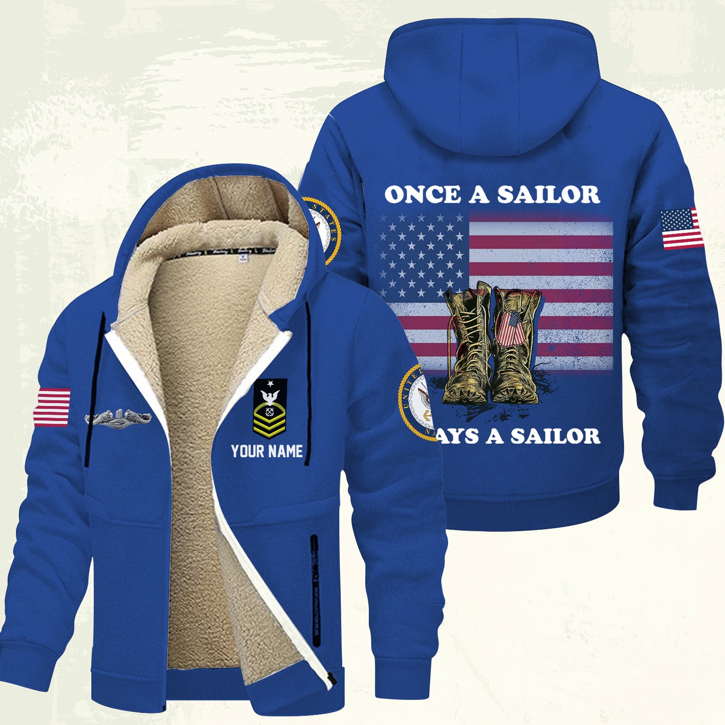 Navy Badge - Personalized US Soldier/ Veteran With Name And Rank Hoodie Zip Velvet Coat - 17362944