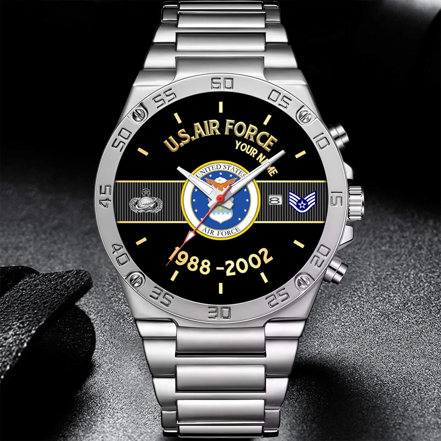 Air Force Badge - Personalized US Soldier/ Veteran With Name And Rank Gentleman Stainless Steel Watch - 17388000