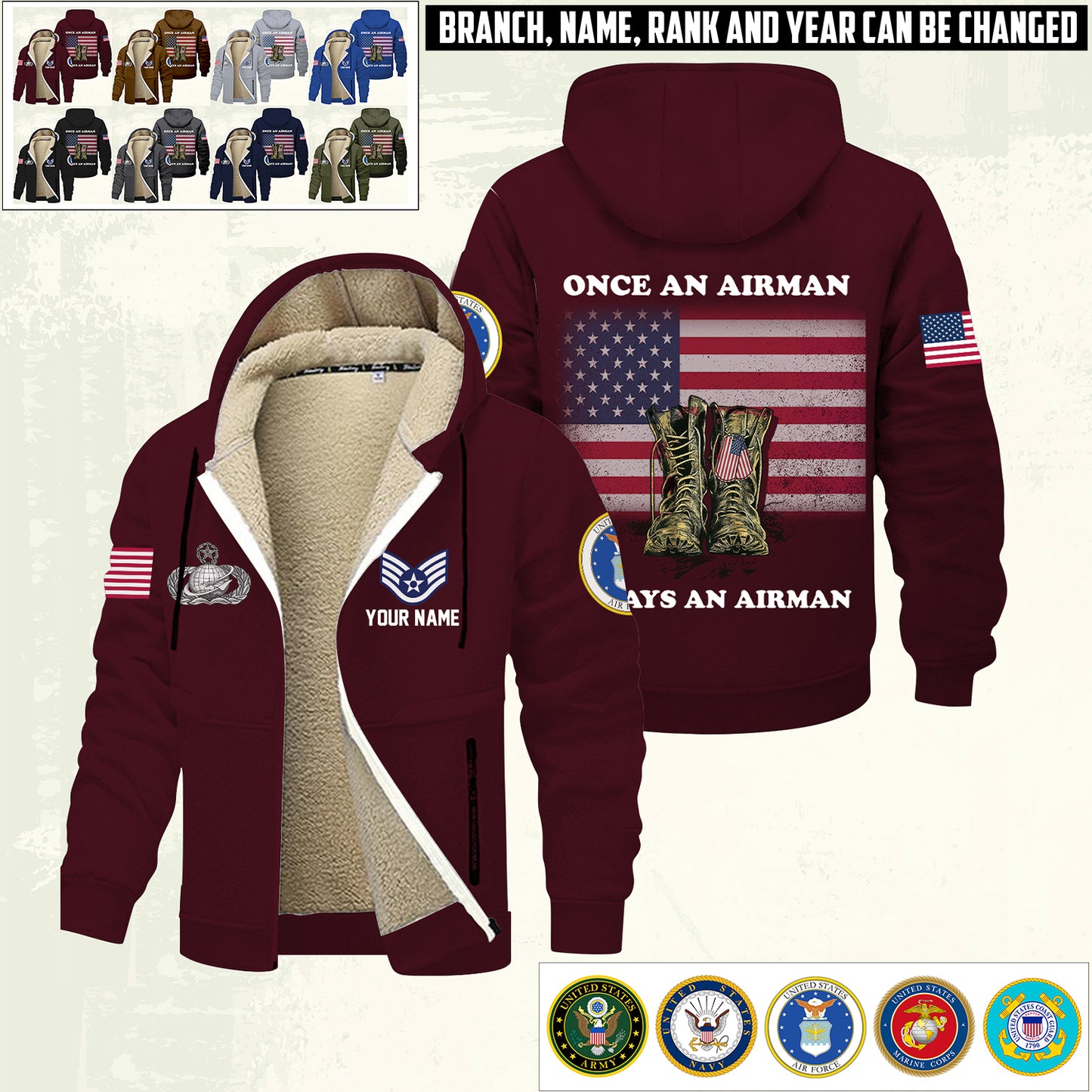 Air Force Badge - Personalized US Soldier/ Veteran With Name And Rank Hoodie Zip Velvet Coat - 17362944