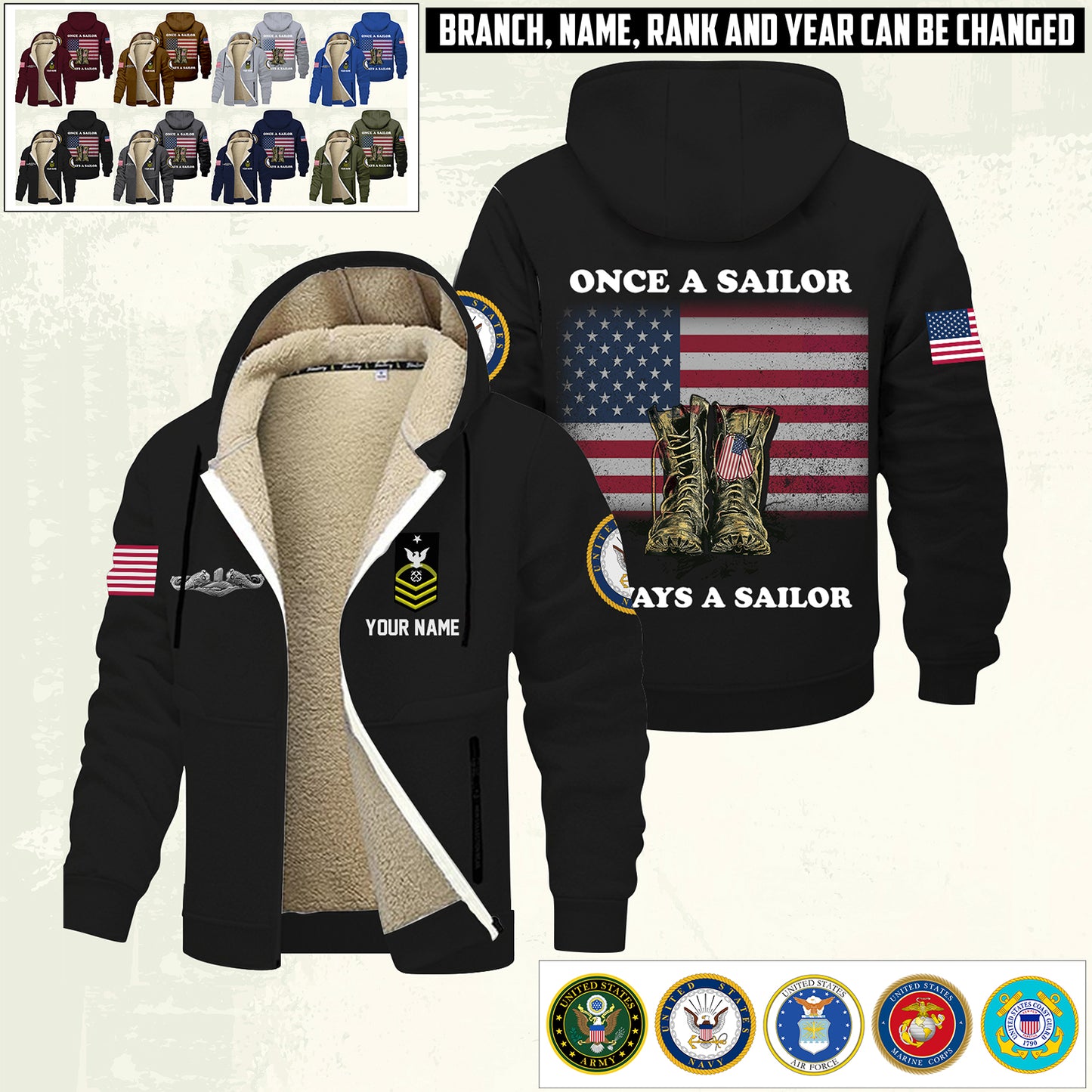 Navy Badge - Personalized US Soldier/ Veteran With Name And Rank Hoodie Zip Velvet Coat - 17362944