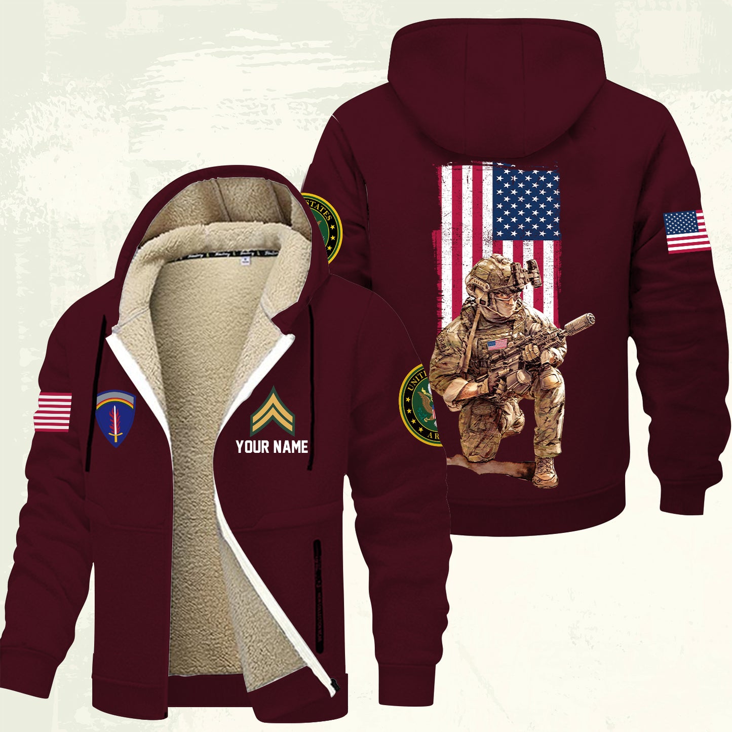 Army Division - Personalized US Soldier/ Veteran With Name And Rank Hoodie Zip Velvet Coat - 17363808