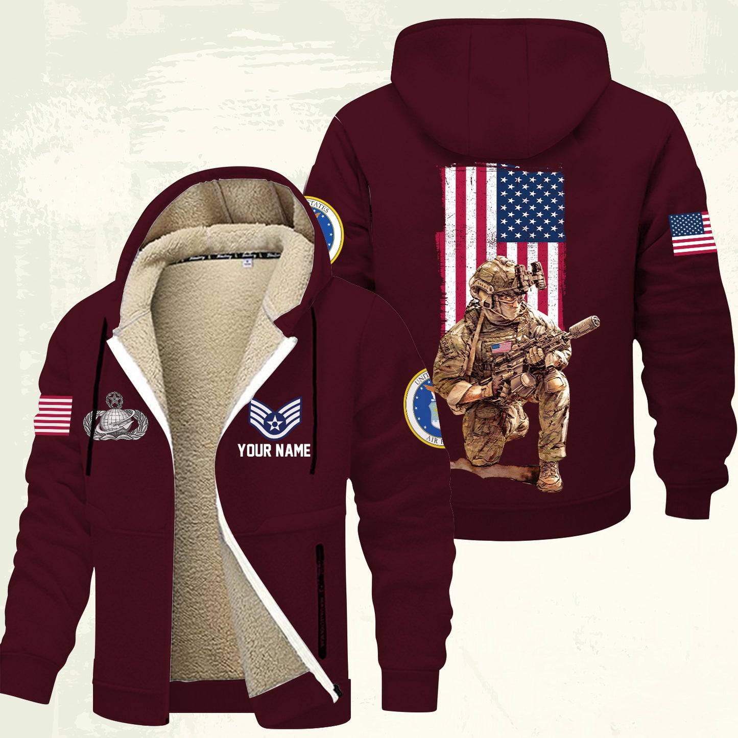 Air Force Badge - Personalized US Soldier/ Veteran With Name And Rank Hoodie Zip Velvet Coat - 17363808