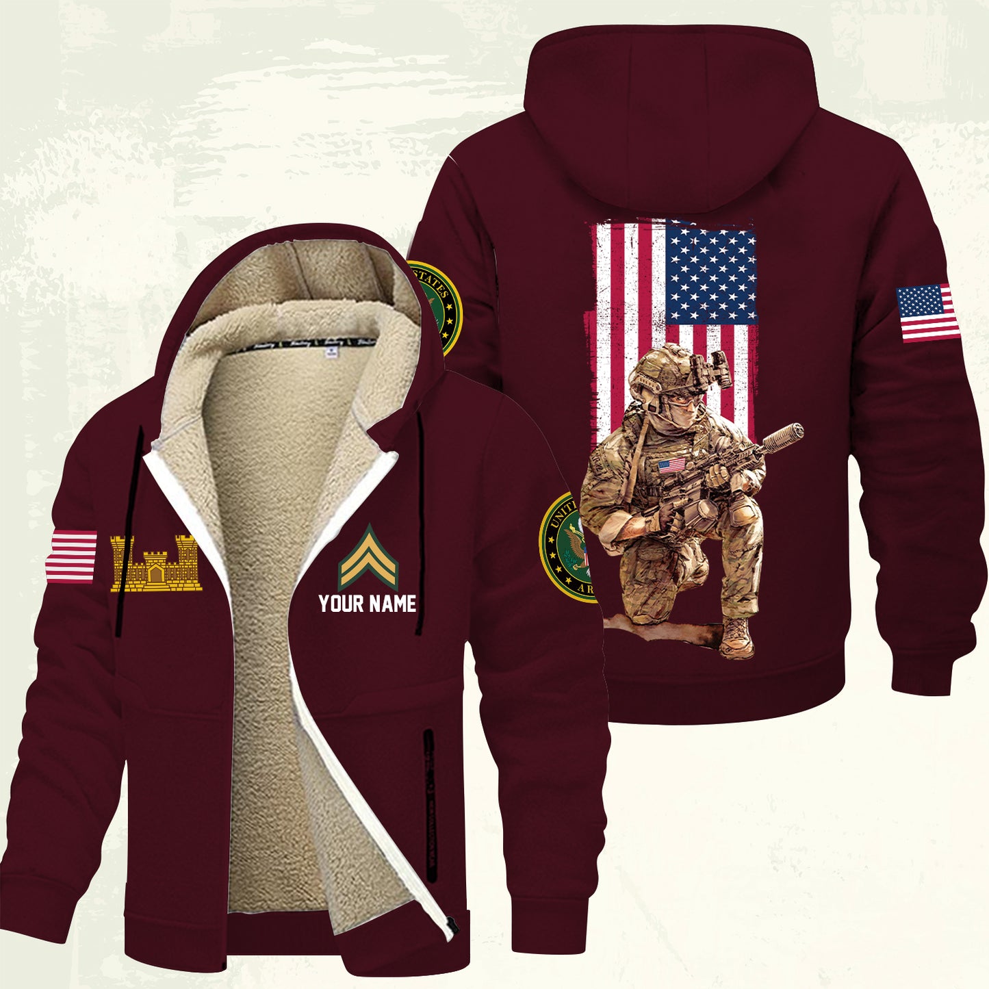 Army Branch - Personalized US Soldier/ Veteran With Name And Rank Hoodie Zip Velvet Coat - 17363808