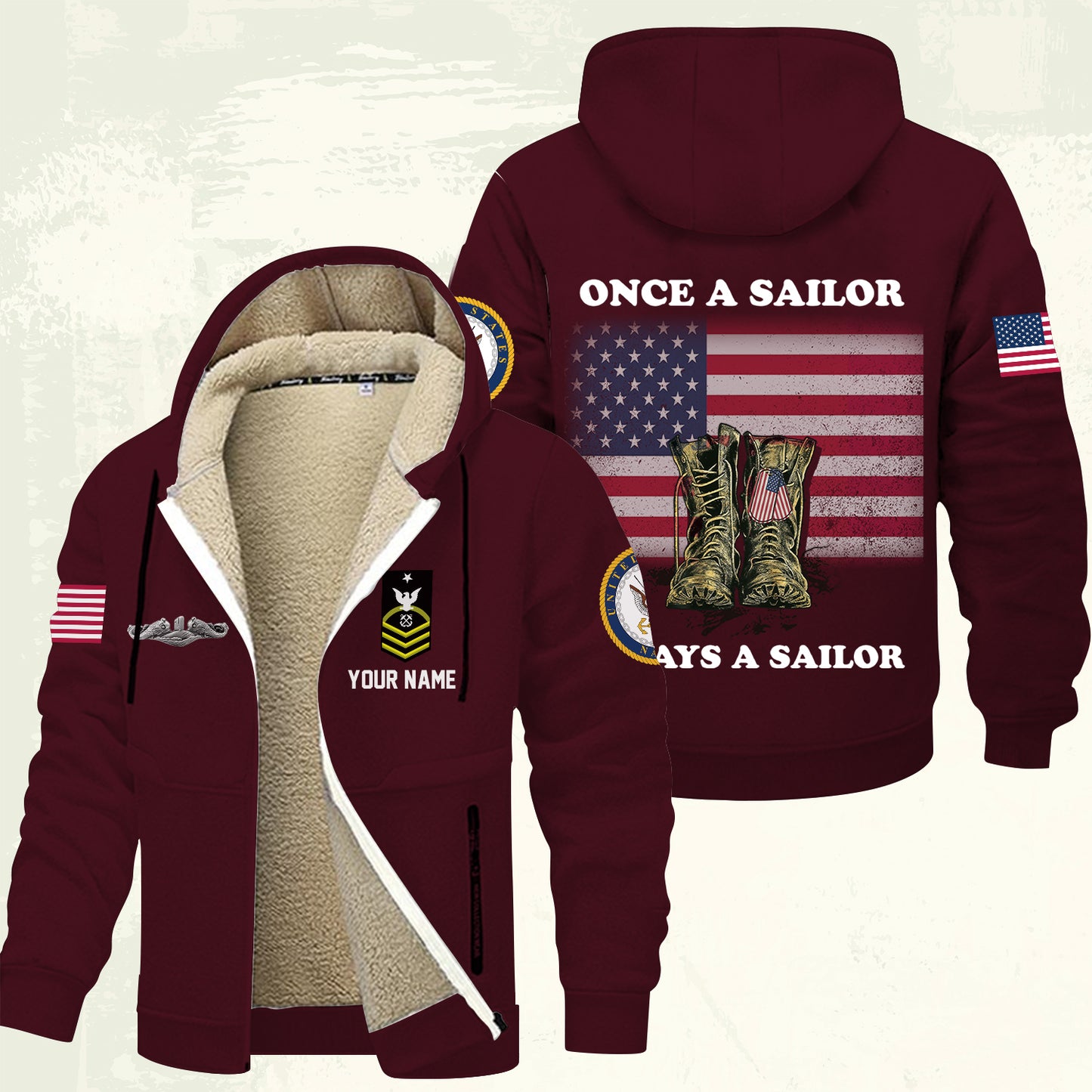 Navy Badge - Personalized US Soldier/ Veteran With Name And Rank Hoodie Zip Velvet Coat - 17362944