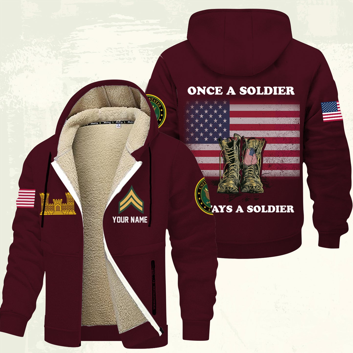 Army Branch - Personalized US Soldier/ Veteran With Name And Rank Hoodie Zip Velvet Coat - 17362944