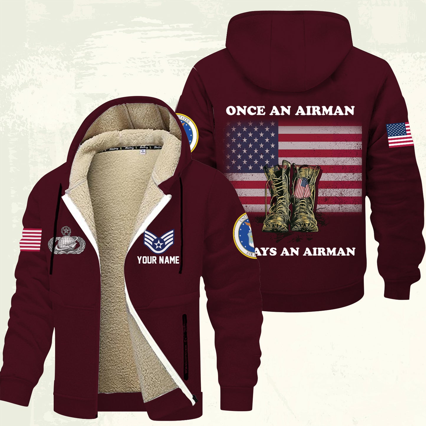Air Force Badge - Personalized US Soldier/ Veteran With Name And Rank Hoodie Zip Velvet Coat - 17362944